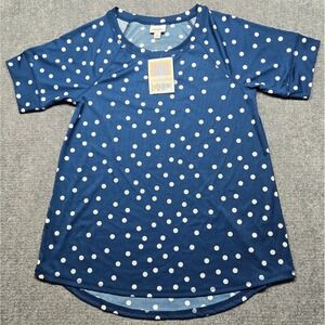 LuLaRoe Hailey Top Womens S Blue White Polka Dot Short Sleeve Stretch New